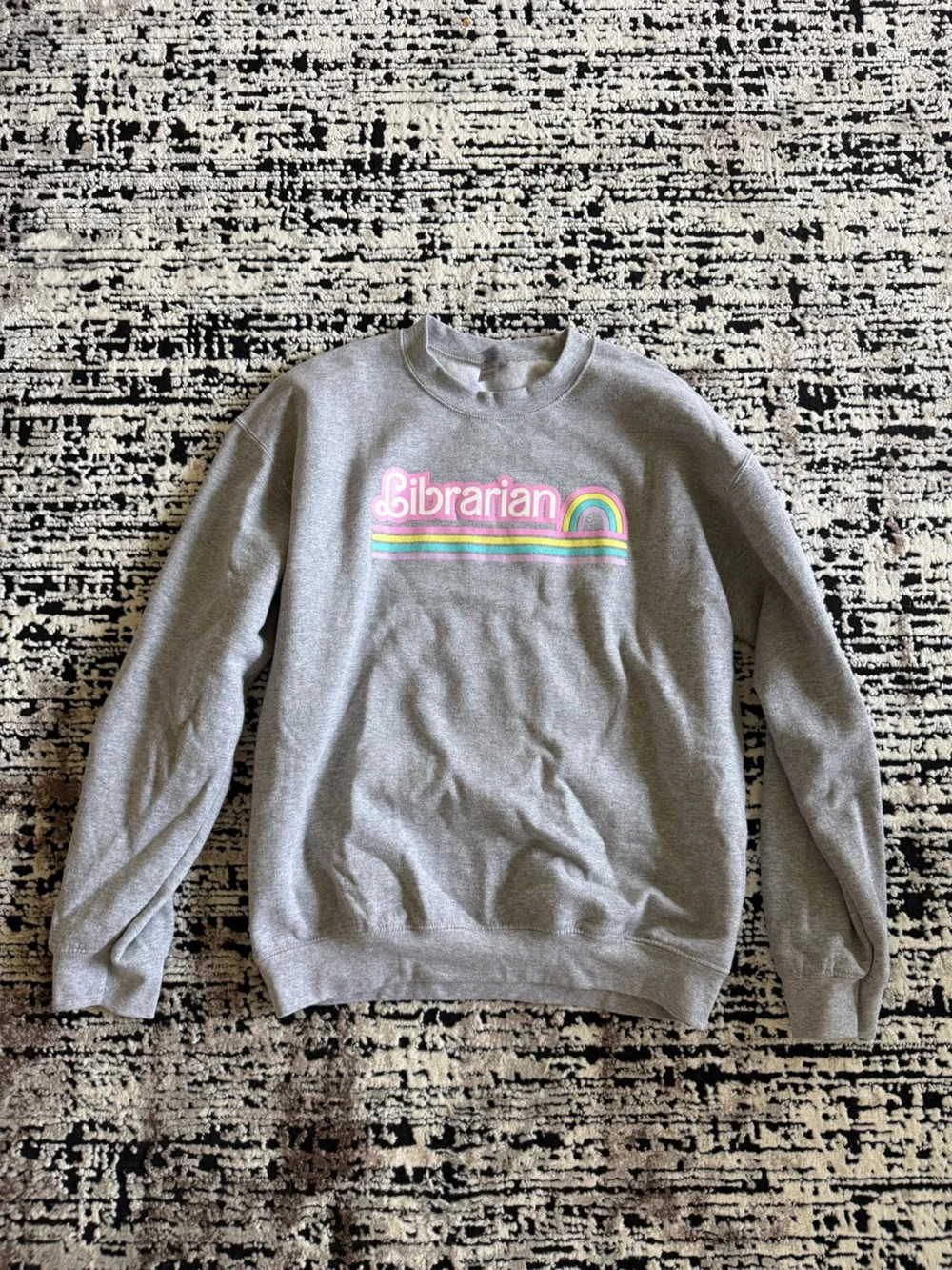 Gray 'Librarian' Crewneck Sweatshirt with Rainbow Graphic